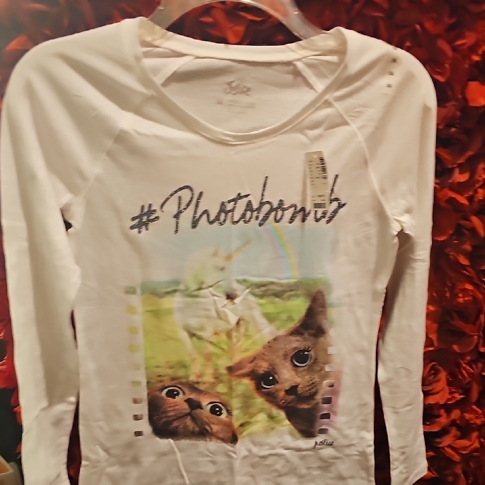 Justice NWT Girls Long Sleeve Cat Print #Photobomb Shirt Size 14